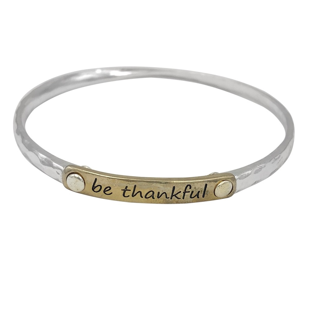 BE THANKFUL Worded Inspirational Thin 2- Tone Bangle Bracelet